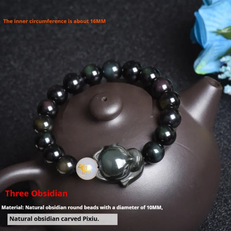 10mm obsidian bracelet with zodiac guardian charm in three style variations