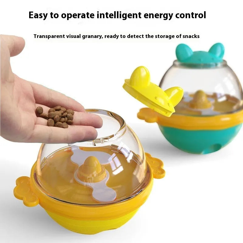 TPR dog food dispenser toy in lake blue or yellow colour for interactive feeding