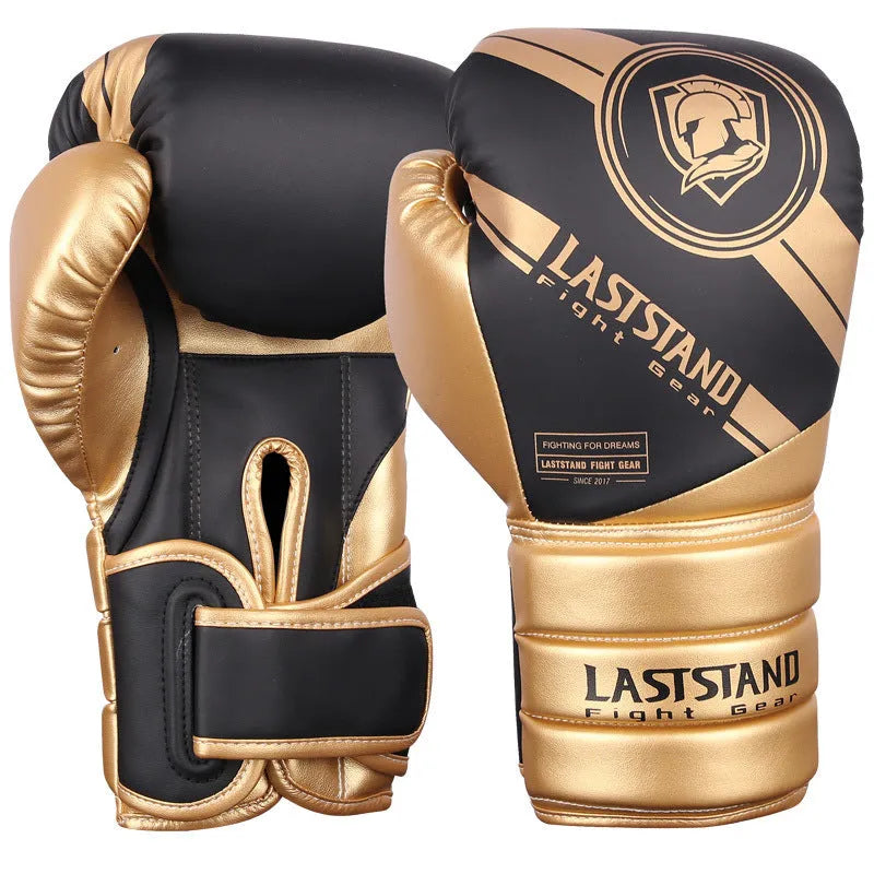 Professional vertical style PU boxing gloves for Sanda training, shown in multiple colour and weight options.