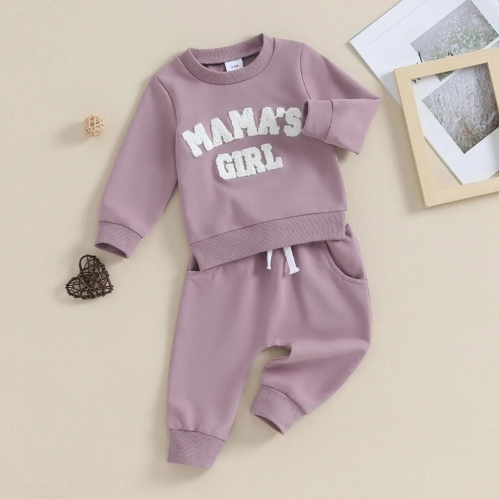 Baby girl cotton blend letters embroidered sweater and trousers suit in pink and purple, long sleeves