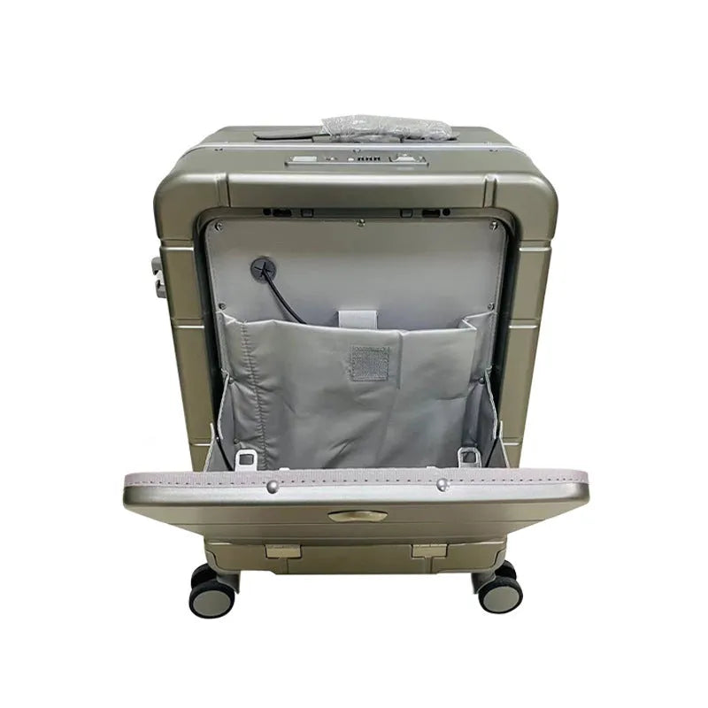 20-inch front opening cabin suitcase in titanium silver colour with universal wheels and integrated cup holder.