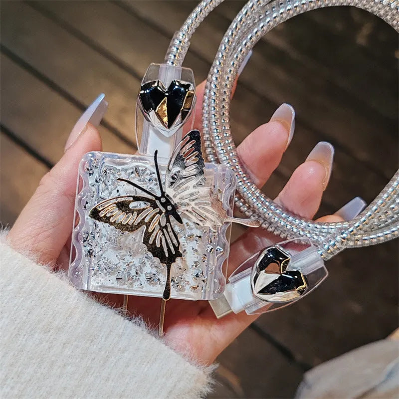 Three-dimensional butterfly USB cable protection sleeve with silver foil design for Apple 20W charger