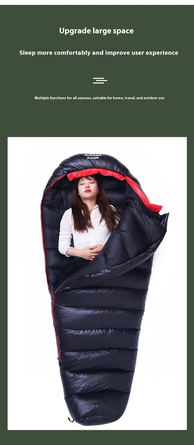 Ultralight mummy-style sleeping bag filled with white duck down, shown in army green 400T nylon fabric.