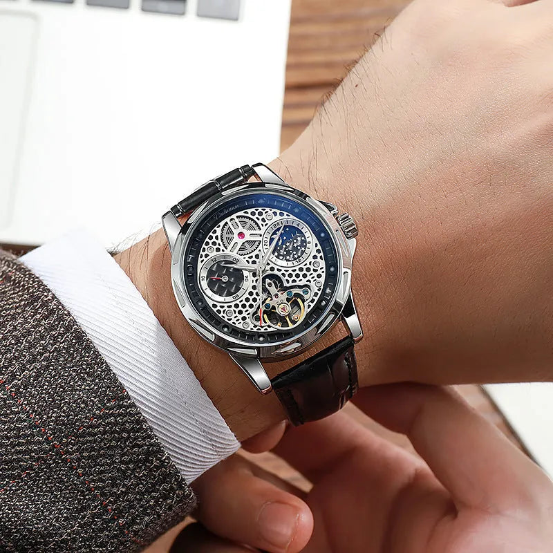 Men's automatic waterproof watch with luminous hands on a black dial with steel bracelet.