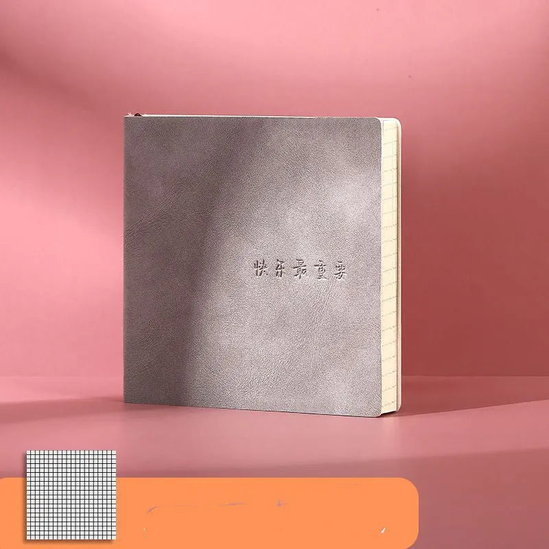 Square faux leather notebook with mesh cover, shown open on blank, checkered, and lined page options.