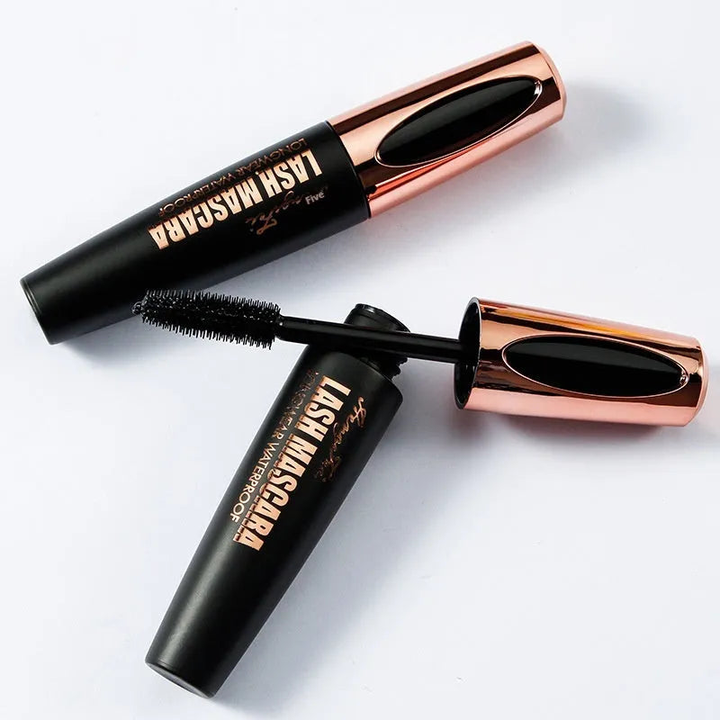Black waterproof and sweat-proof mascara tube for thick, long, curled lashes that resist smudging.