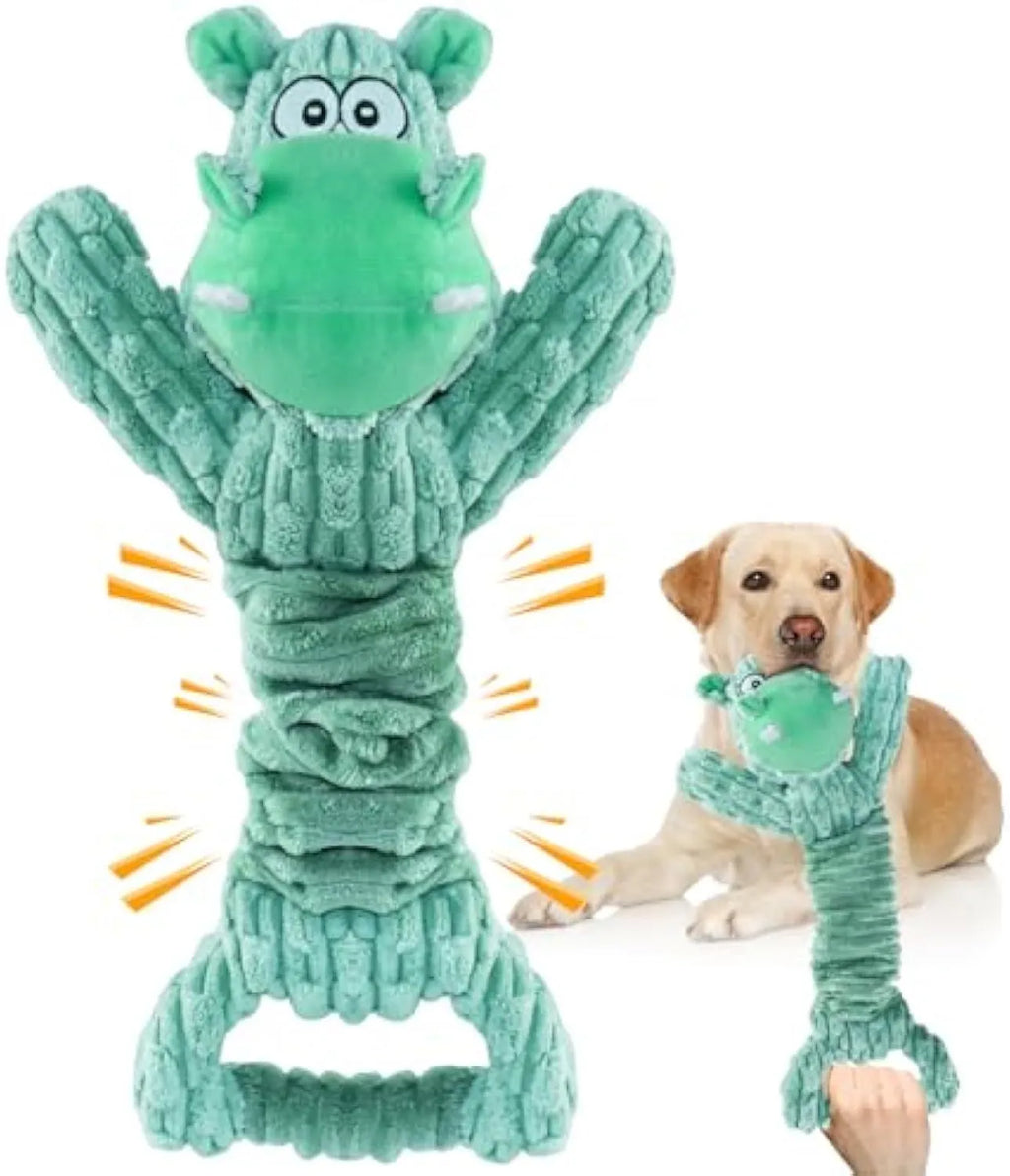 Large squeaky plush dog toy with handle and crinkle paper for interactive play