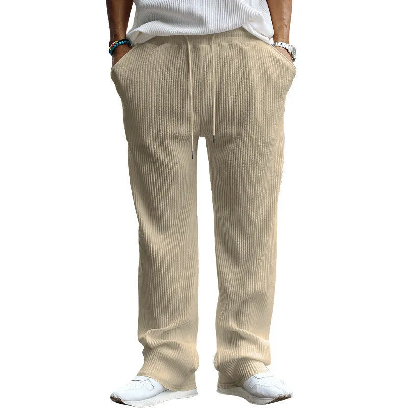 Men's casual high-waist straight-leg trousers in Army Green showing loose fit and striped design