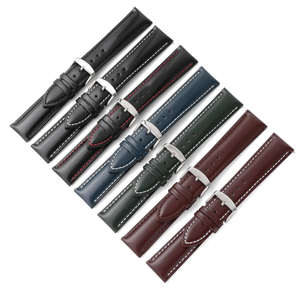 Quick release leather watch strap in bright cowhide, showing colour options and width sizes from 18mm to 22mm.