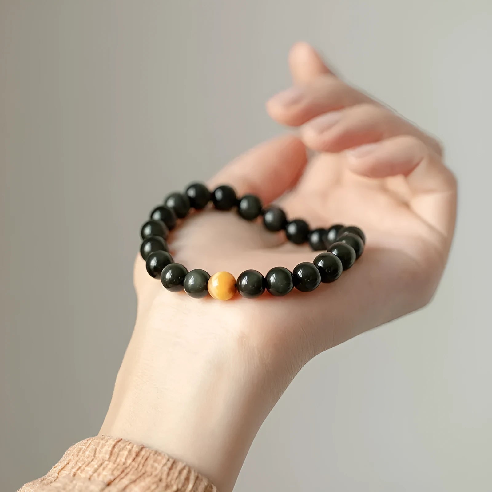Black obsidian stone bracelet with geometric beads in Korean style design
