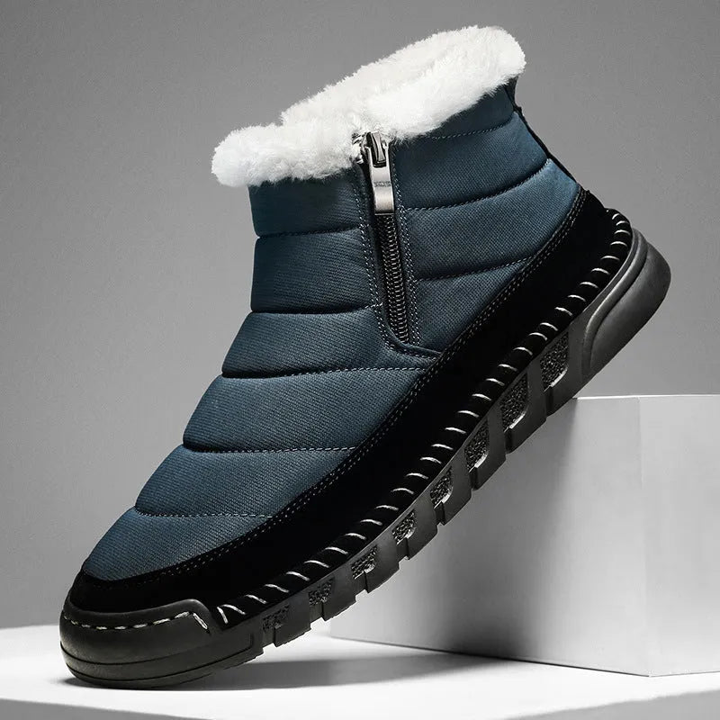 Men's plus size snow boots in black with round toe design and non-slip rubber sole