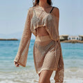 Khaki women's two-piece clothing set with bell sleeves and a hollow-out pattern for sun protection.