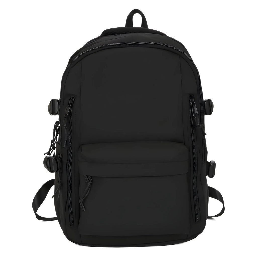 Women's large capacity solid colour schoolbag in black with curved shoulder strap and nylon material