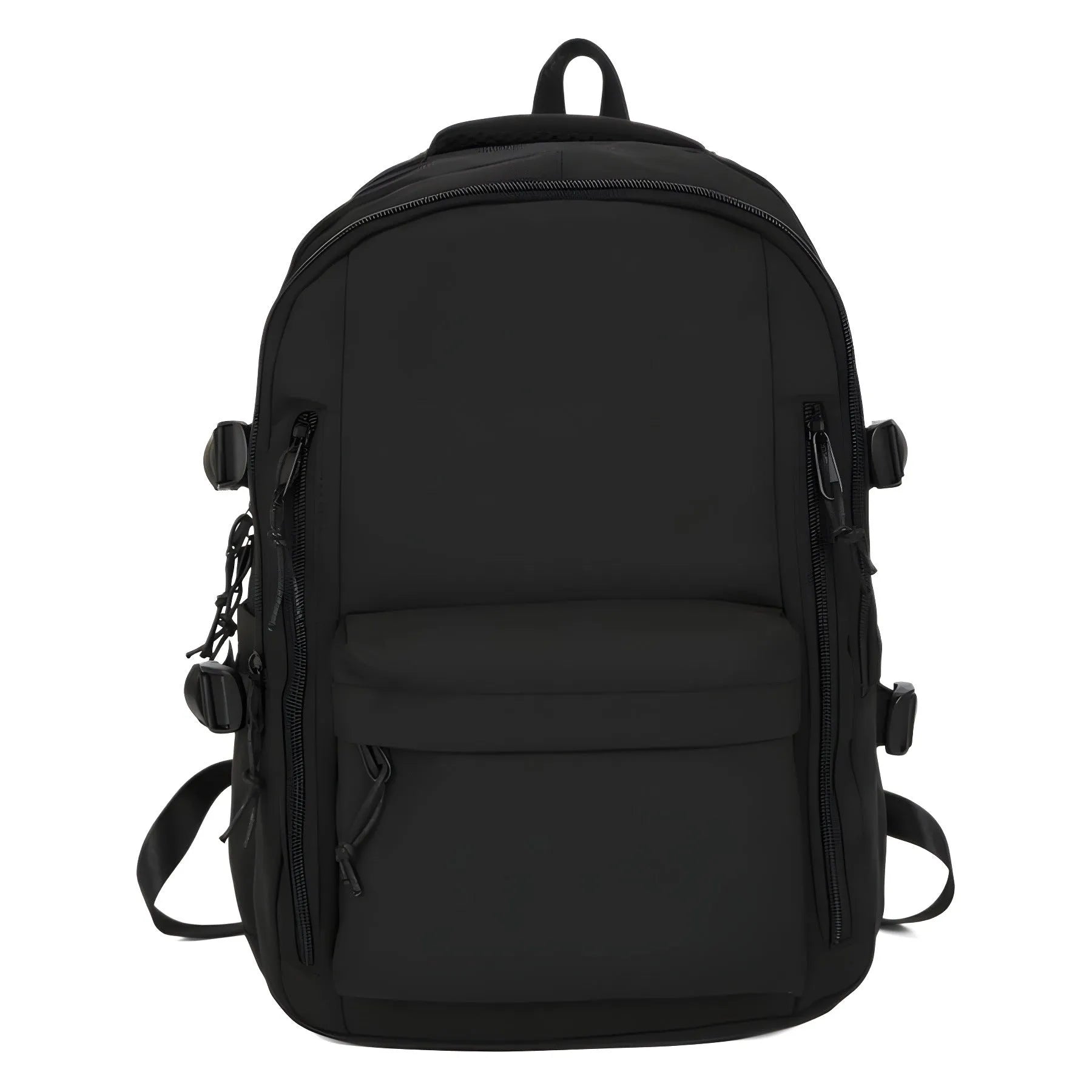 Women's large capacity solid colour schoolbag in black with curved shoulder strap and nylon material