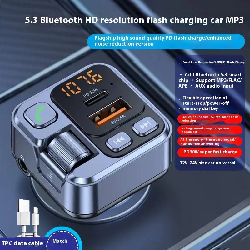 Car Bluetooth receiver and fast charger with LED display and USB-A and USB-C ports
