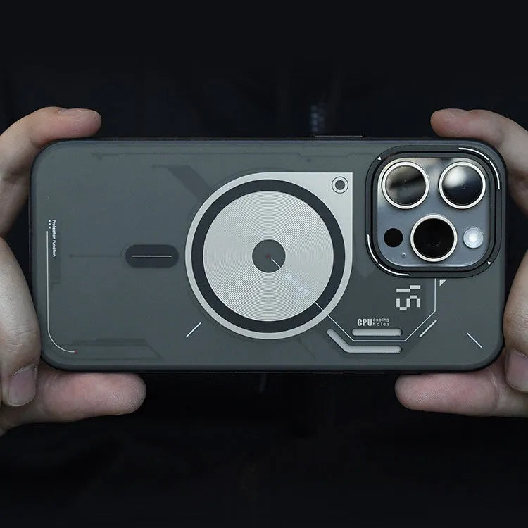 Grey magnetic TPU phone case with cooling window for iPhone 15 Pro and 15 Pro Max