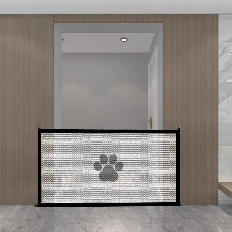 Portable punch-free dog barrier net fence showing cloth material with plastic rod construction and pet doorsill design