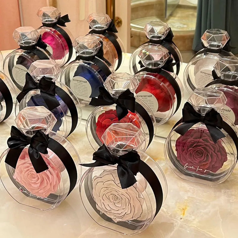 Dried rose in transparent plastic bottle display with cover, multiple colour options, home decor gift box