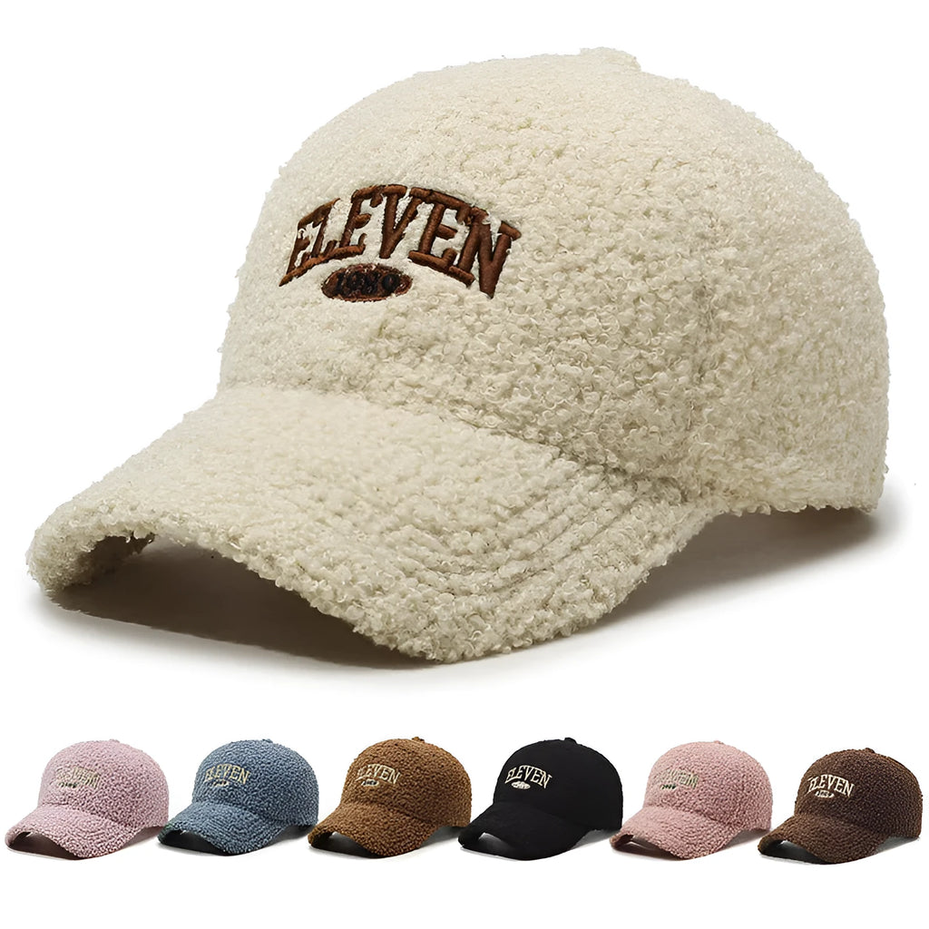 Adjustable winter baseball cap in polyester lambskin fabric showing dome crown style