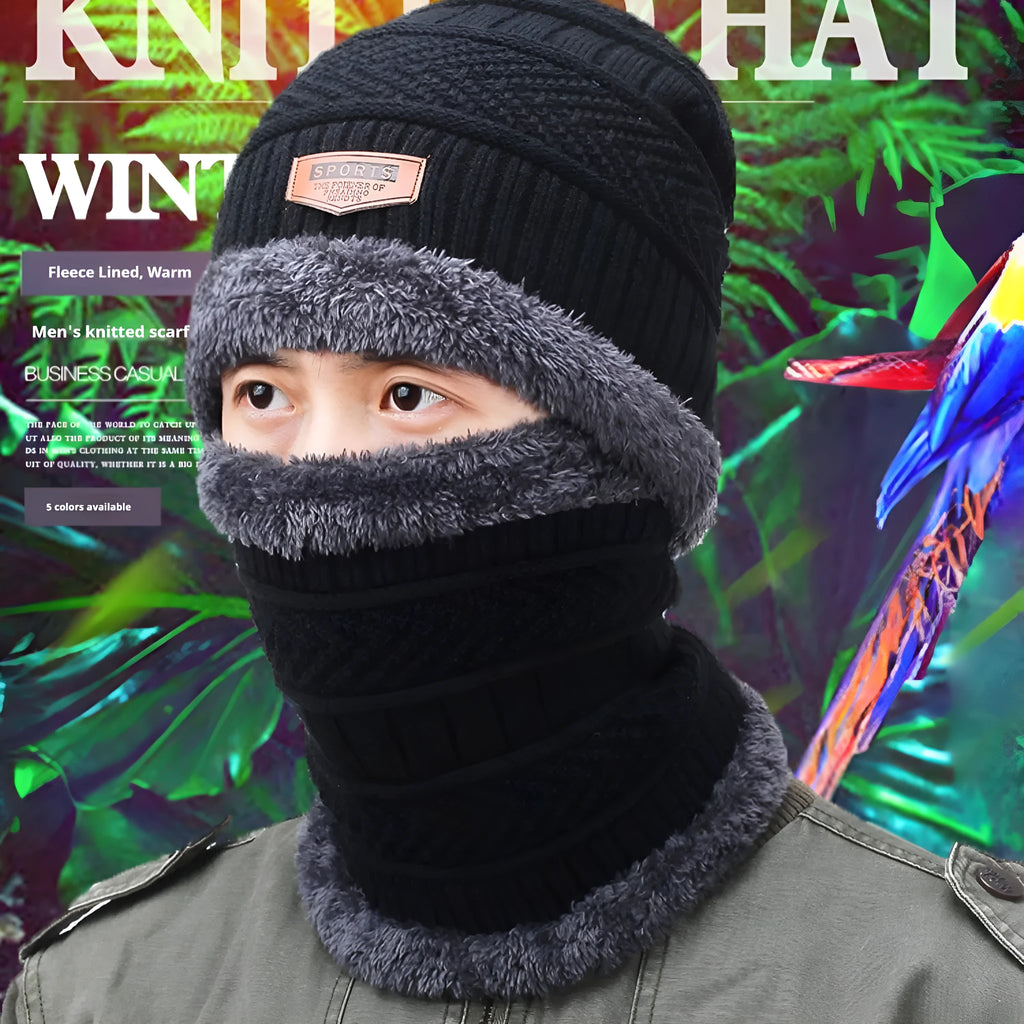 Men's black acrylic knitted hat and scarf set on a neutral background, showing plain knit texture