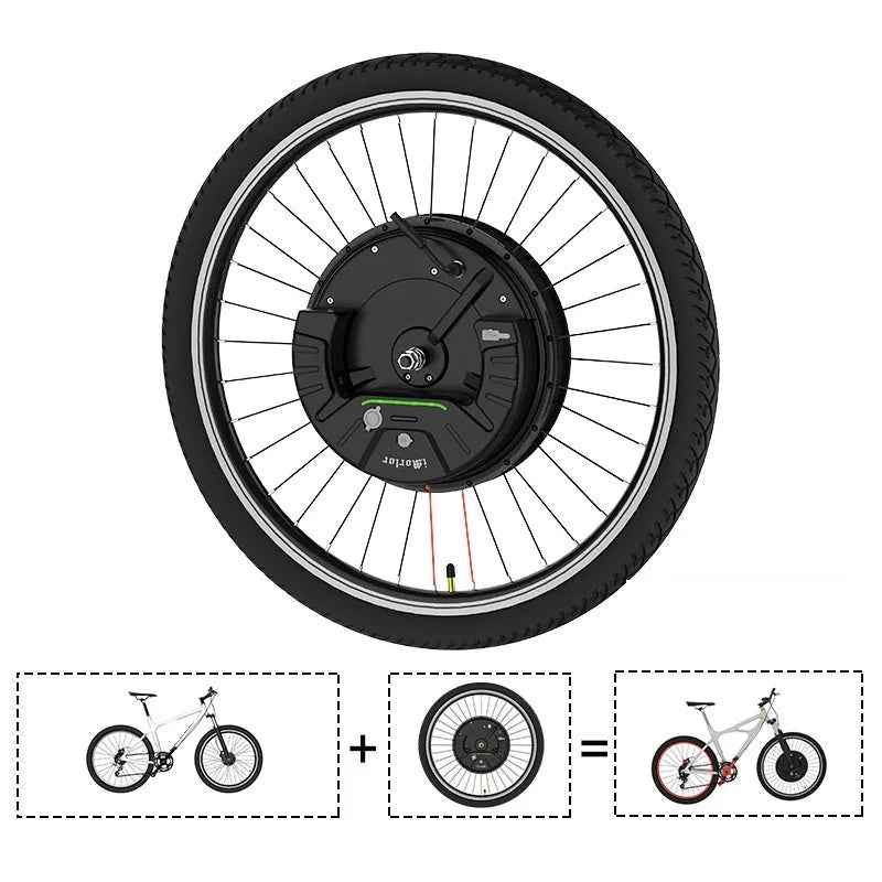 Yunzhilun 26-inch bicycle electric conversion kit showing hub motor wheel, lithium battery, and charger.