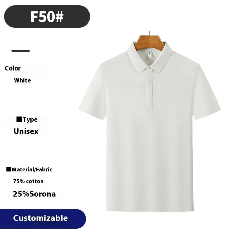 Men's short sleeve business polo shirt in cotton blend fabric with seamless construction, shown in solid colour options