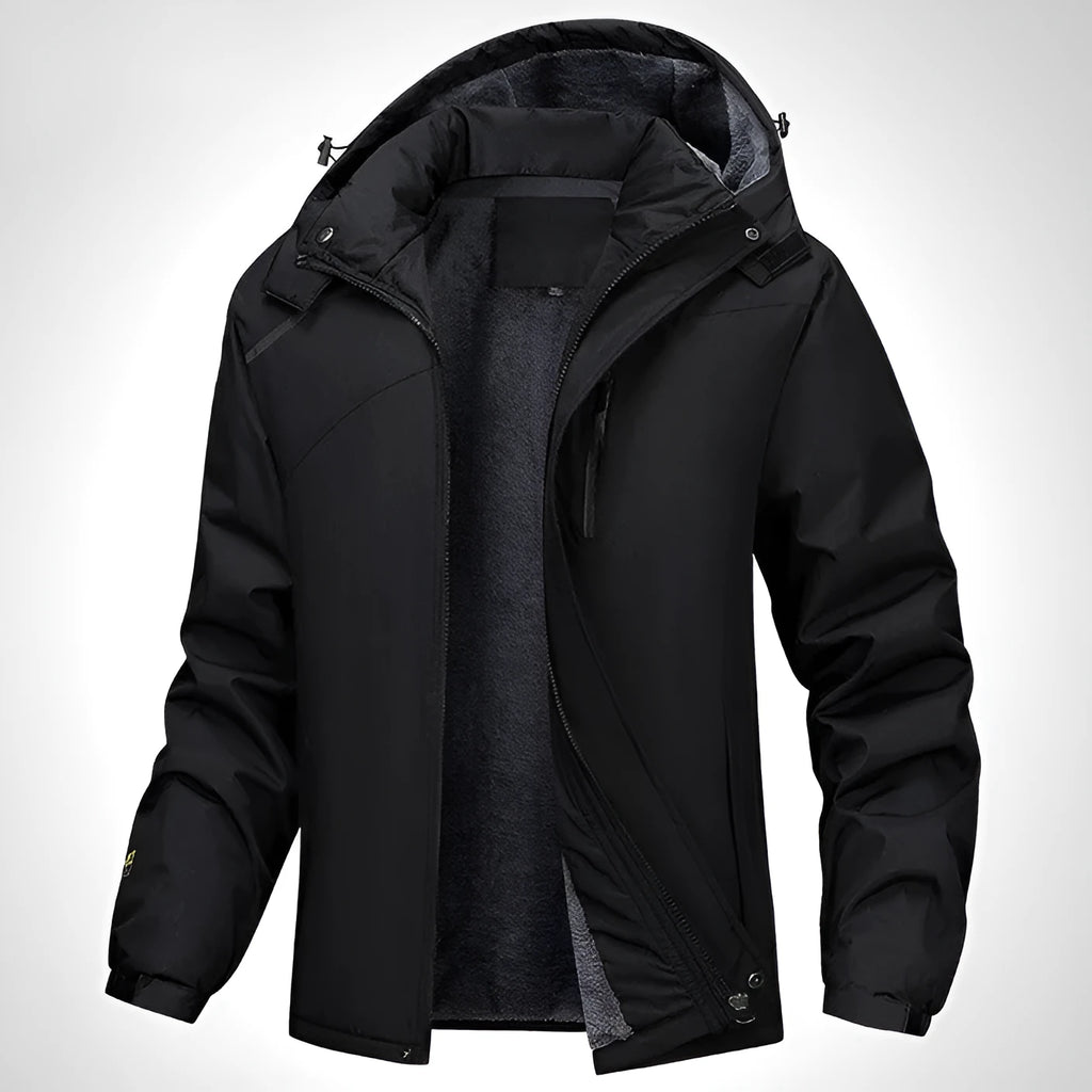 A man's loose-fit plus-size hooded coat in Army Green colour, made from waterproof polyester fabric.