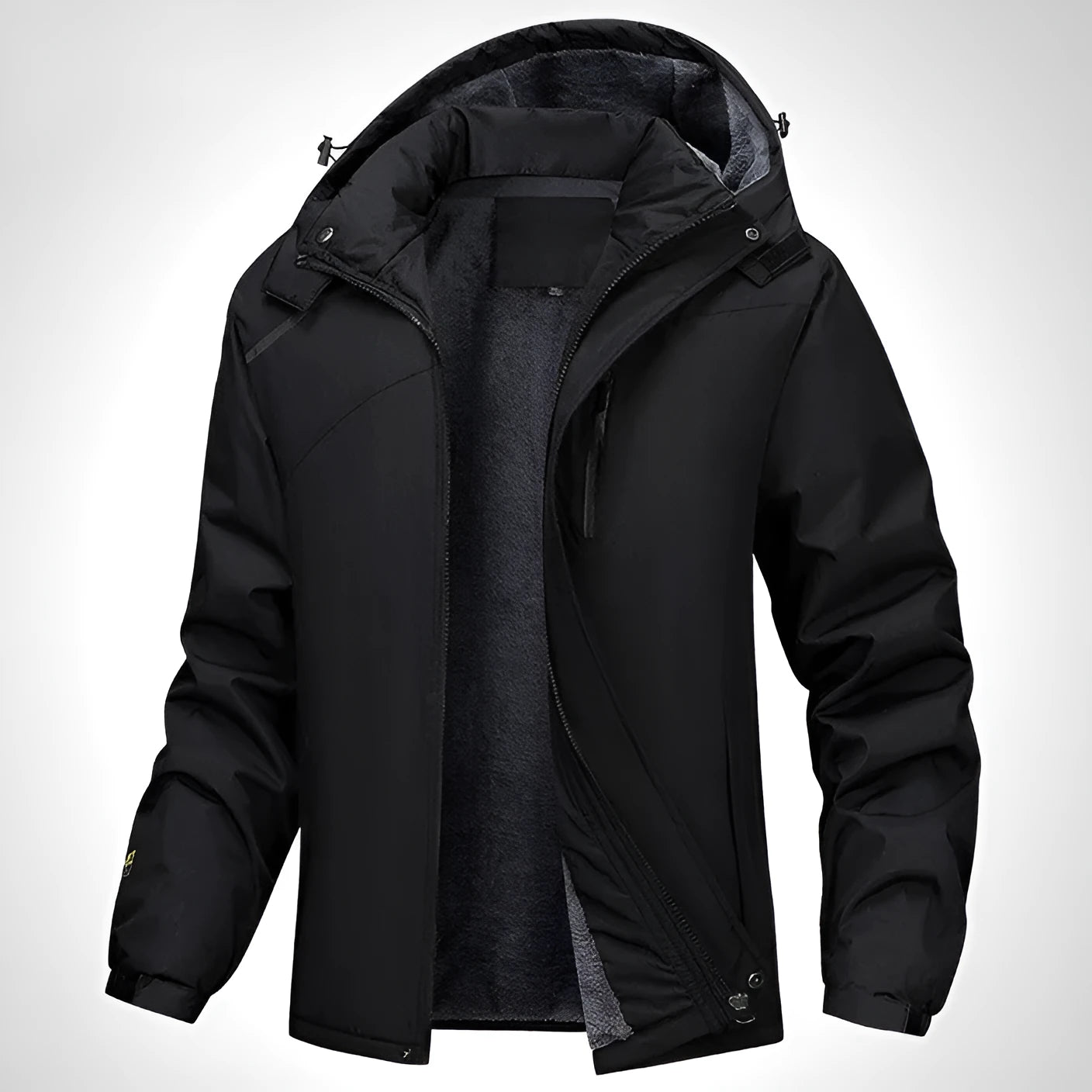 A man's loose-fit plus-size hooded coat in Army Green colour, made from waterproof polyester fabric.