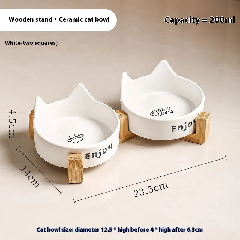 Porcelain cat bowl with wooden anti-tumble frame in chosen colour with cat ear design