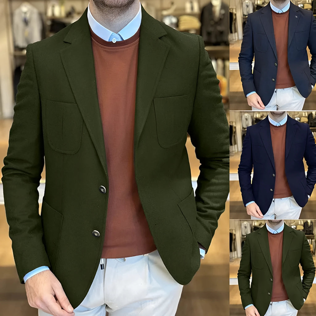 Men's cotton tailored suit jacket in loose retro fit with solid colour design