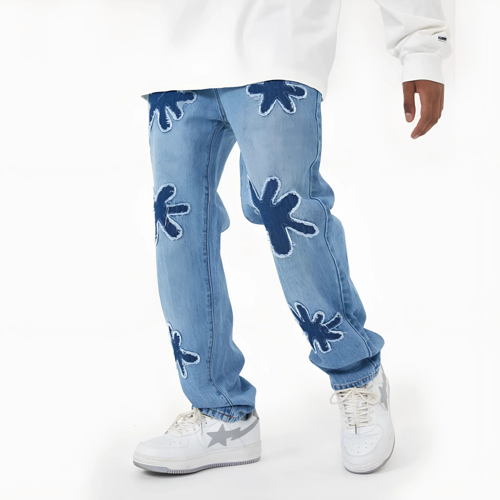 Retro burnt flowers niche wash straight-leg denim jeans in light blue, coffee, and black