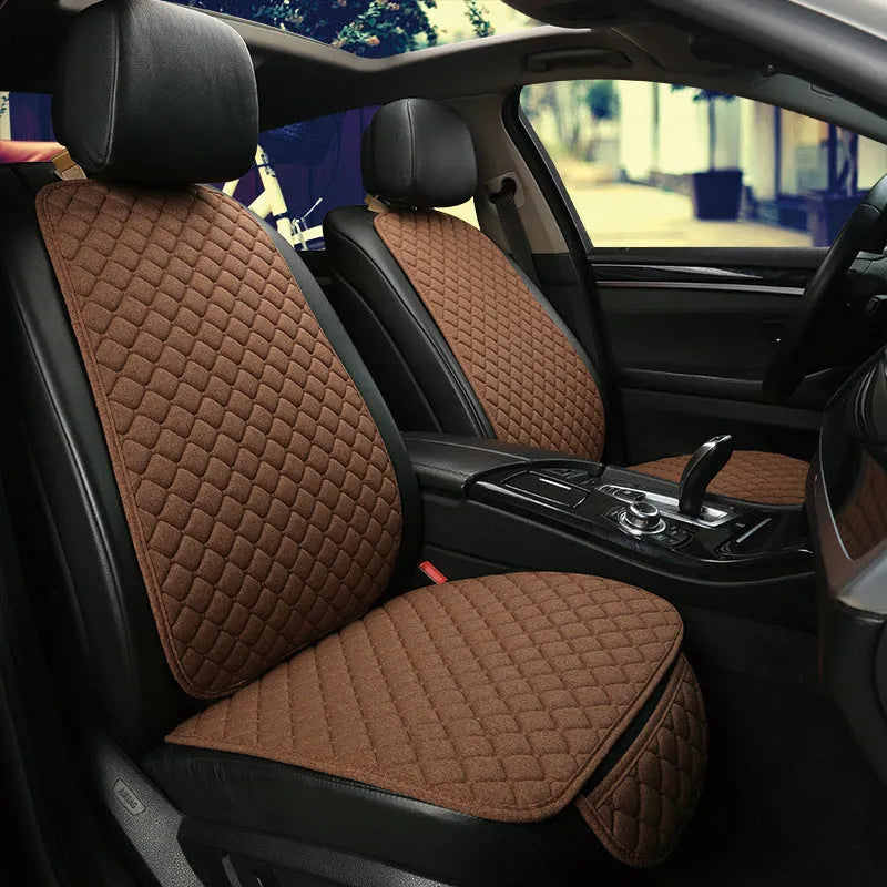 Linen car seat cushion with elastic securing straps in multiple colour options