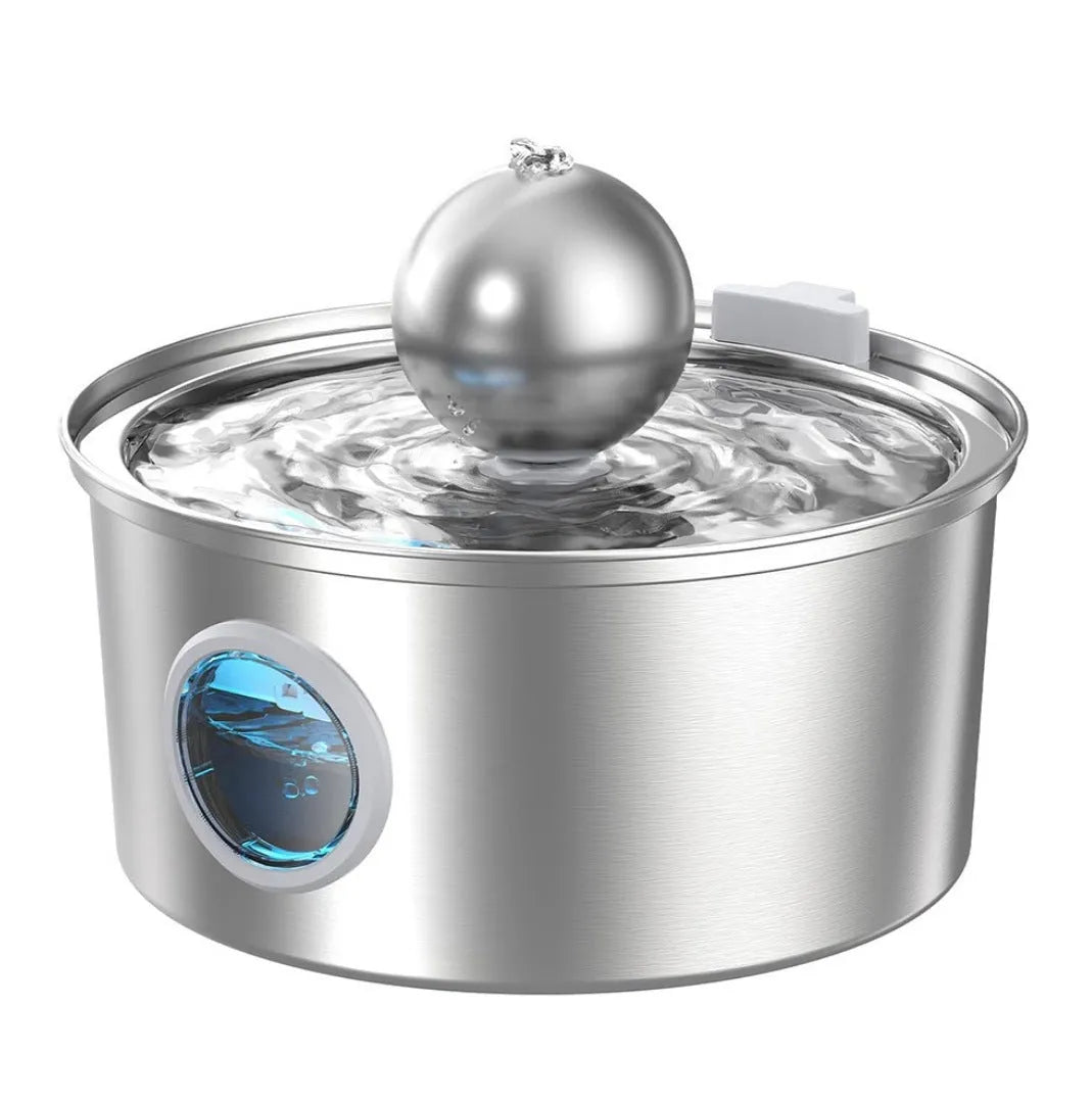 Stainless steel pet water dispenser with large 4-litre tank and selectable water outlet design