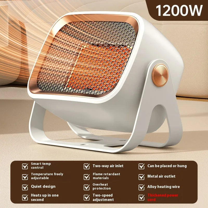White PTC ceramic desktop heater with rotatable design showing control buttons and compact dimensions