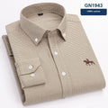 Men's pure cotton Oxford casual shirt on a hanger, showing button front and long sleeves.