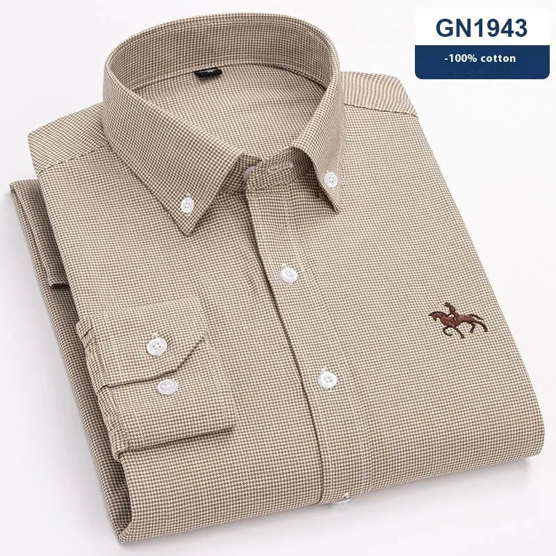 Men's pure cotton Oxford casual shirt on a hanger, showing button front and long sleeves.