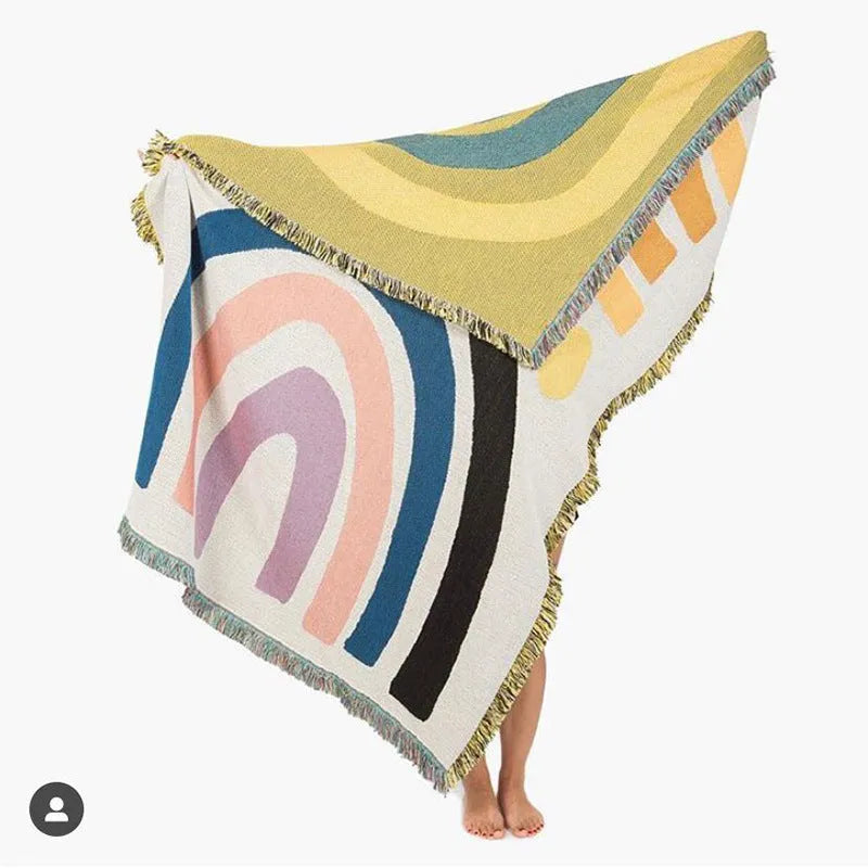 Bohemian rainbow geometric pattern blanket tapestry made of polyester cotton in modern simple style