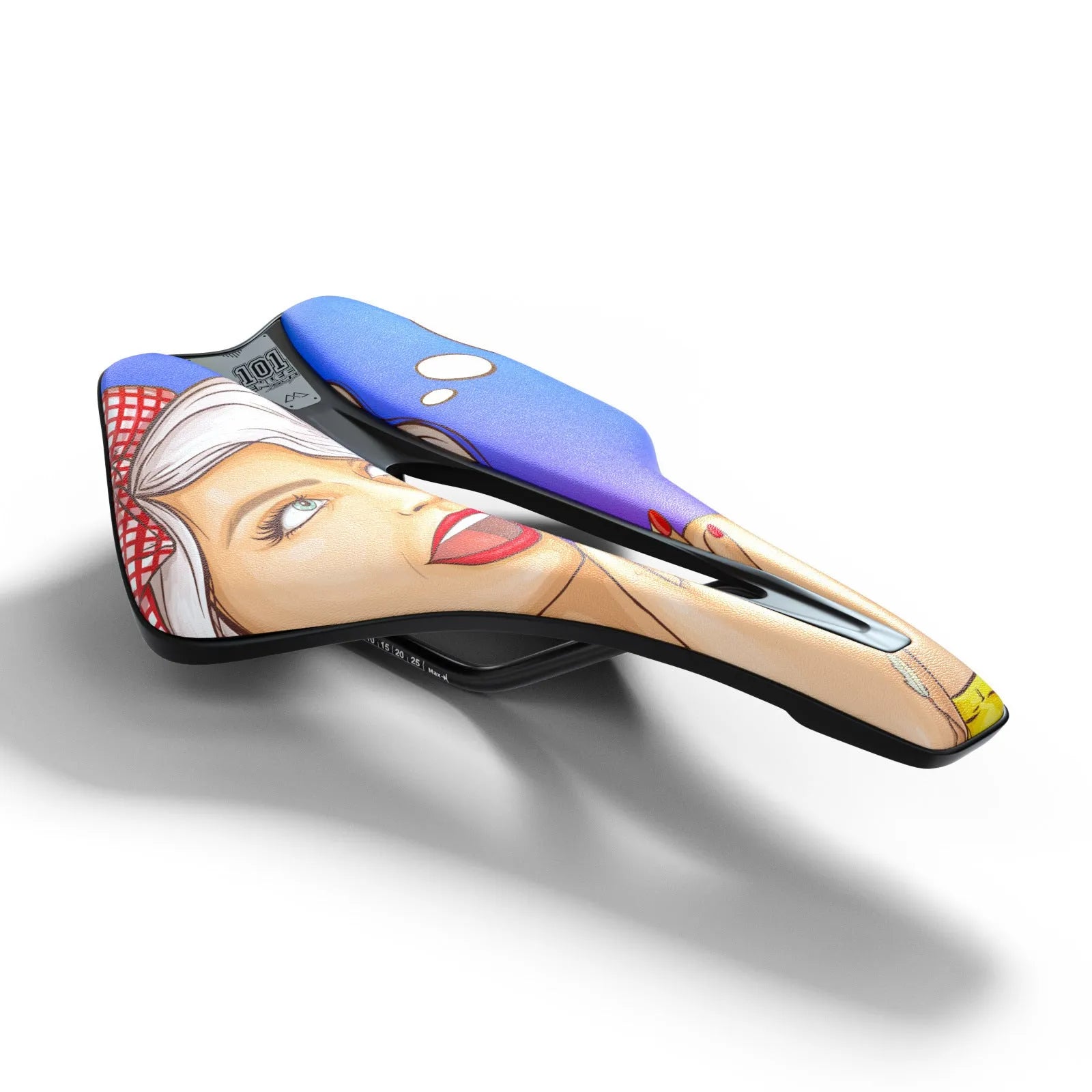 Ultra-light EVA cushion bike saddle with hollow design in PU leather, shown in multiple colour options.