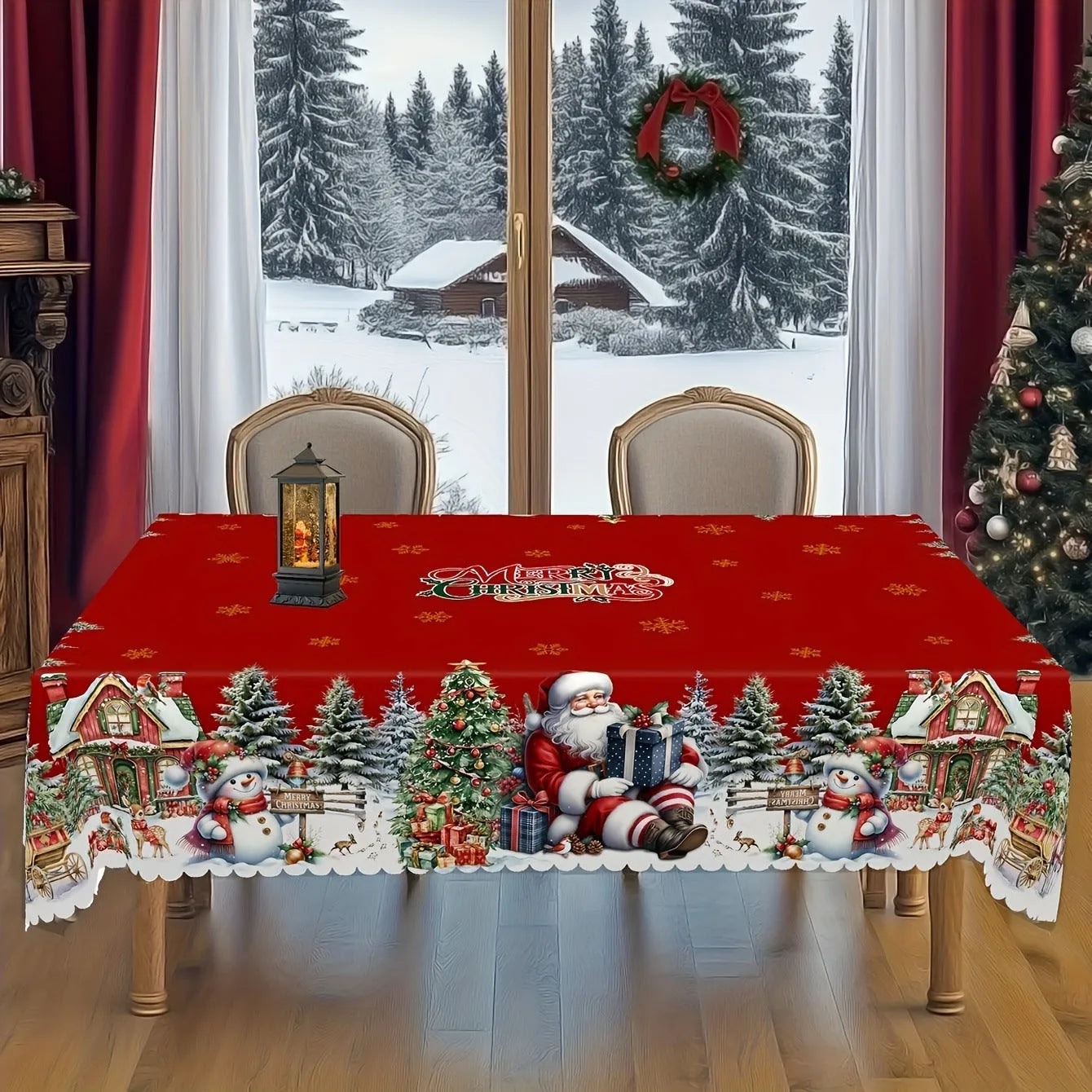 Round 152cm polyester tablecloth with printed Christmas snowflake and Santa Claus pattern on a dining table