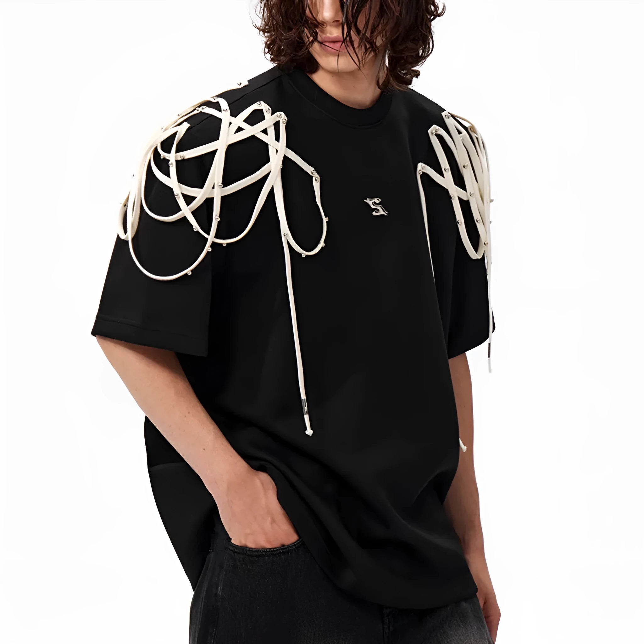 Black loose fit T-shirt with rivet ribbon padded shoulder detailing and short sleeves