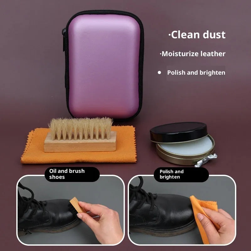 Leather shoe care cleaning set with shoe brush, maintenance oil bottle, and cloth in black bag