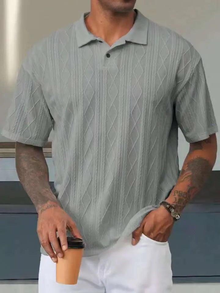 Men's loose fit short sleeve T-shirt with a retro button lapel on the collar, in a khaki cotton blend knit.