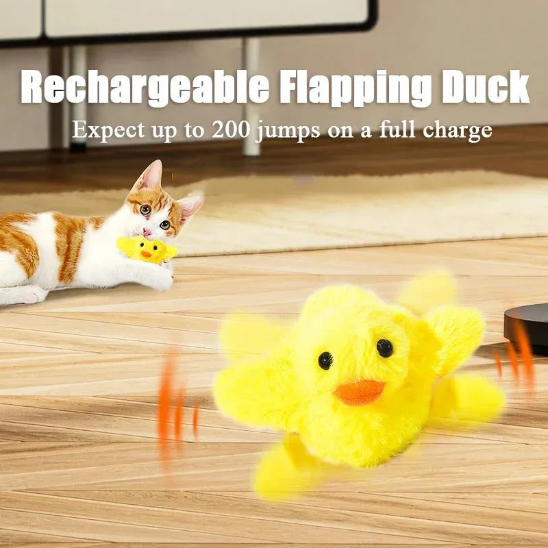 Yellow flapping duck cat toy with catnip filling and USB charging cable