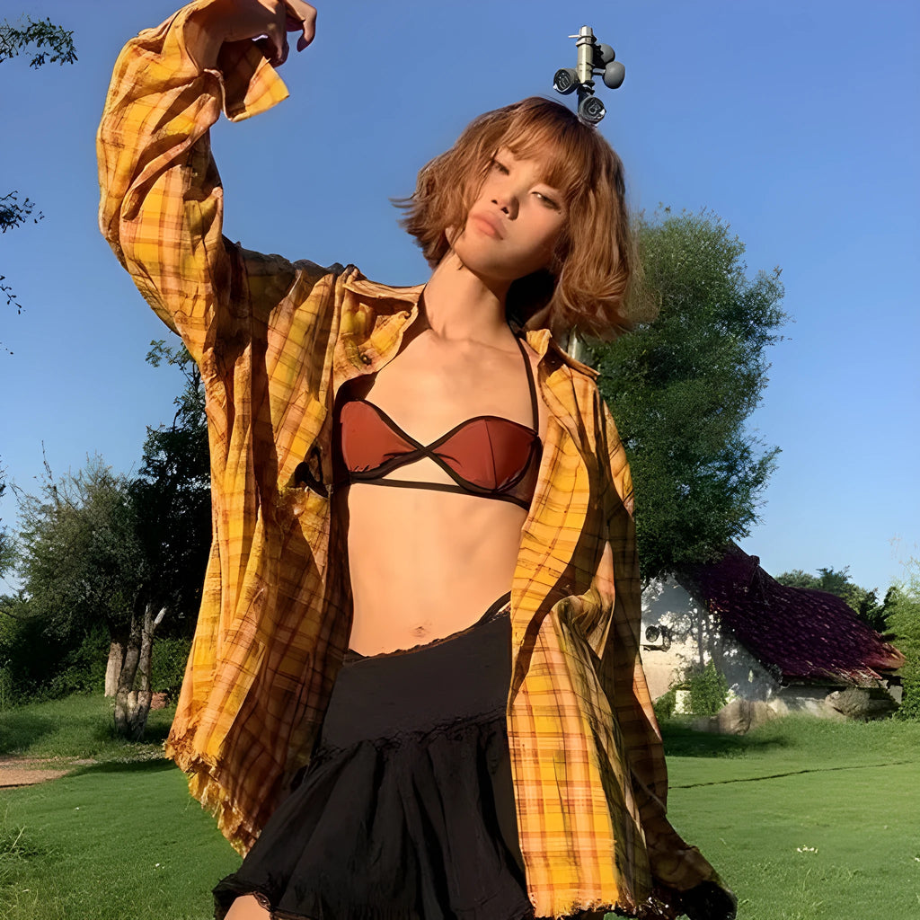 Dopamine yellow plaid shirt with loose cardigan style and polyester blend fabric