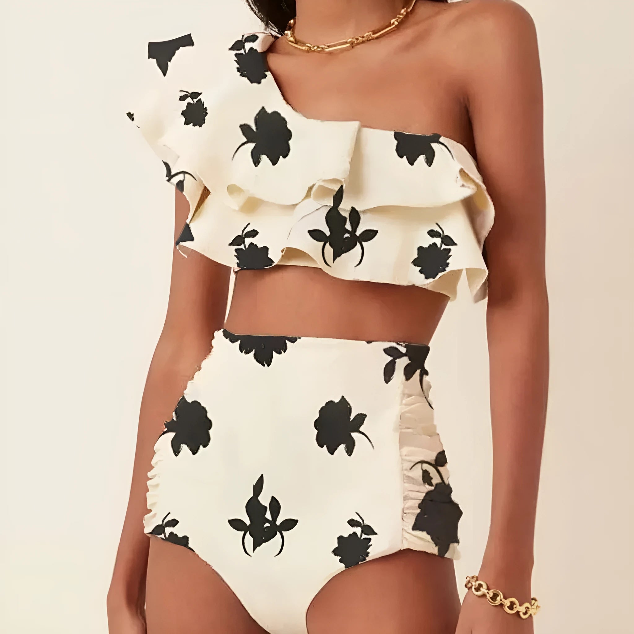 Women's high waist bikini suit with oblique shoulder ruffles in striped pattern