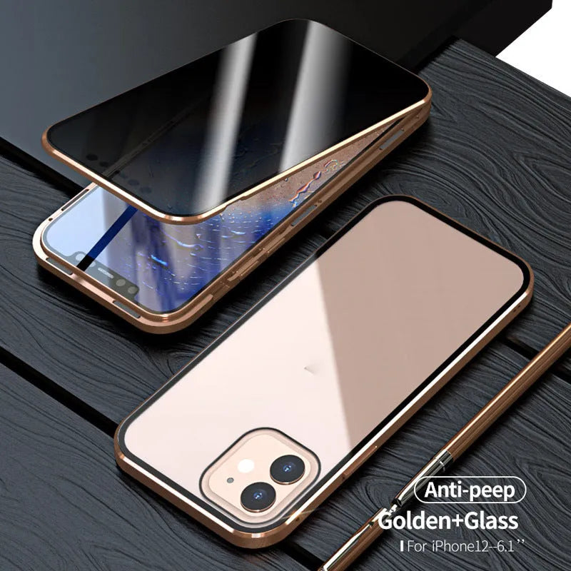 Magnetic privacy glass iPhone case with anti-spy tempered glass screen and metal frame