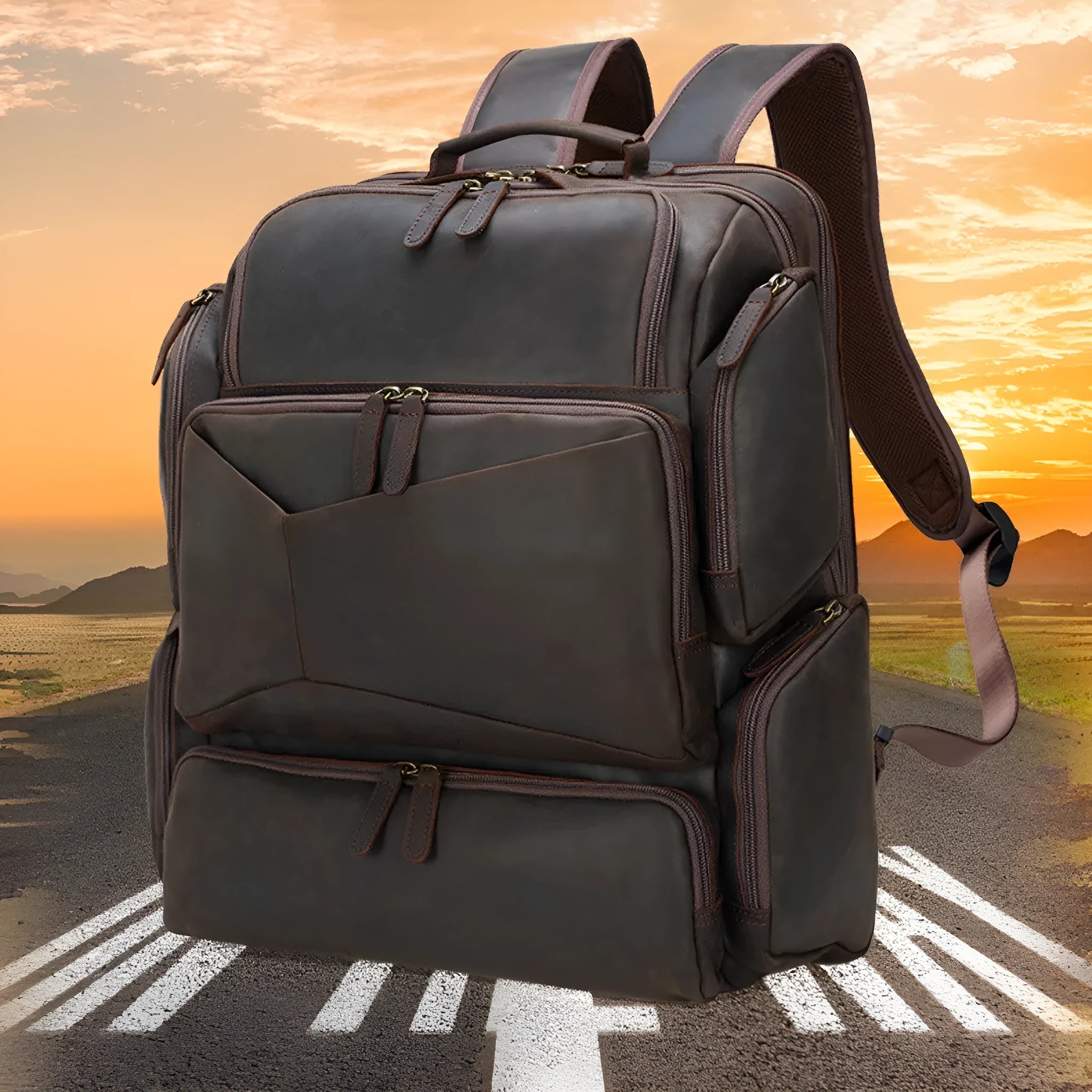 Dark brown leather backpack for men with 17-inch laptop compartment and multiple internal organisers
