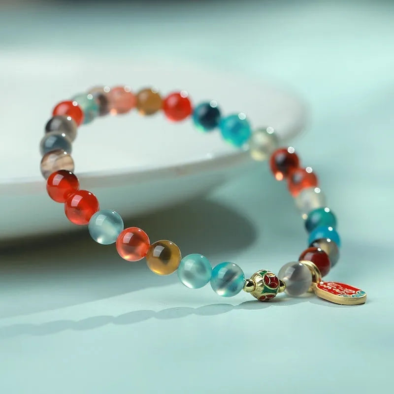 Natural colourful sugar heart agate and copper coin coloured glaze snake bracelet for women with traditional Chinese patterns