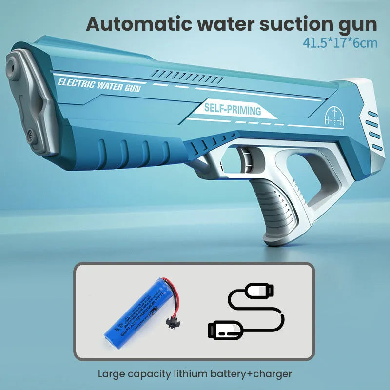 Blue electric water gun with USB charging cable and 358ml water capacity for outdoor play