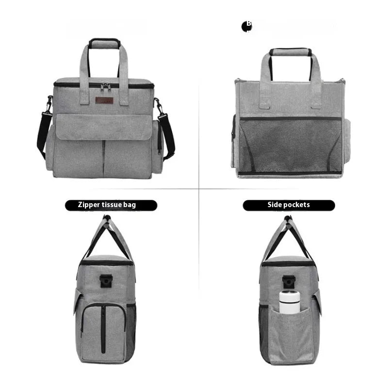 Grey dog travel backpack made of Oxford cloth with removable divider and training bag